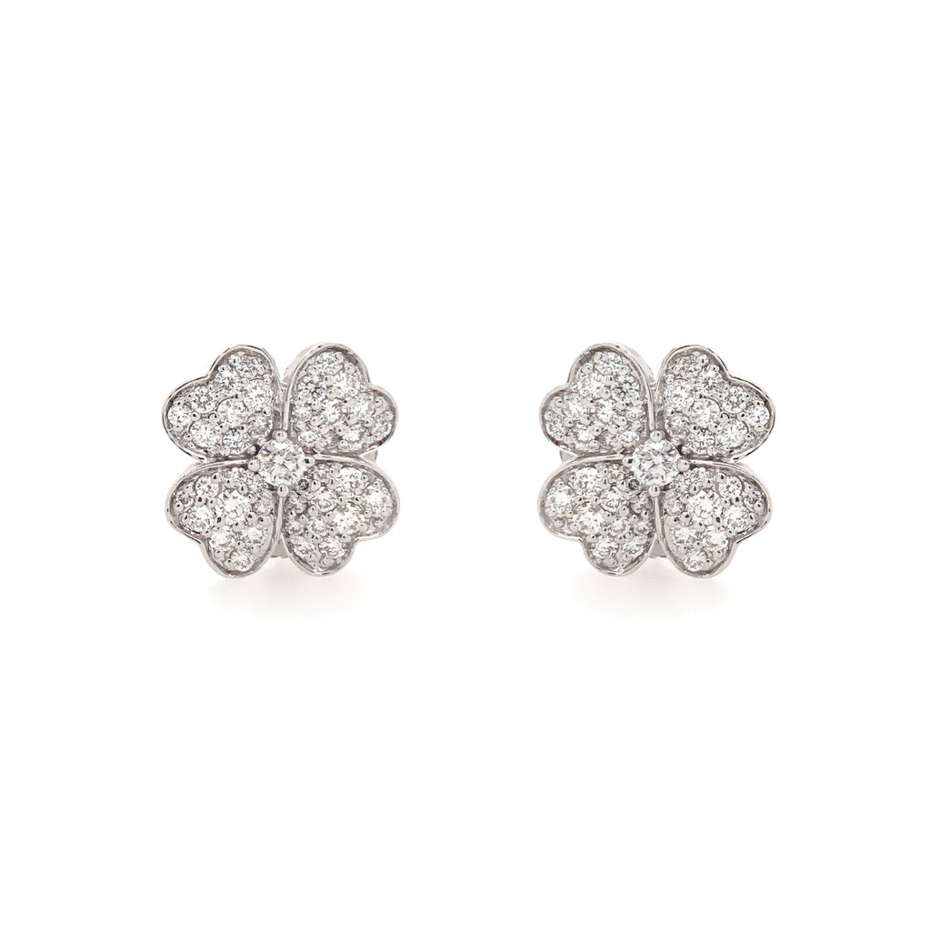 four leaf clover pavé diamond ear posts in 14 kt white gold 1.16 cts t.w.
