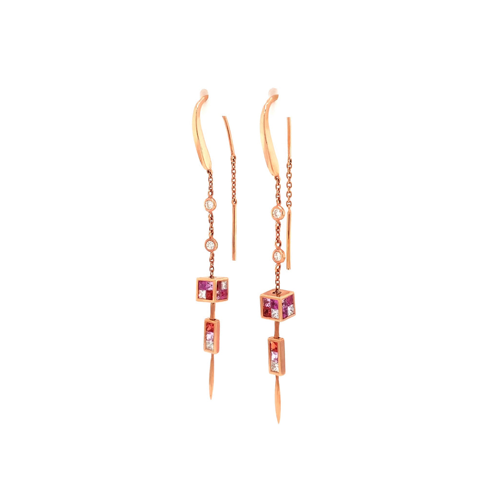 rubic cube princess cut pink sapphire, ruby, and diamond drop earrings 14k rose gold