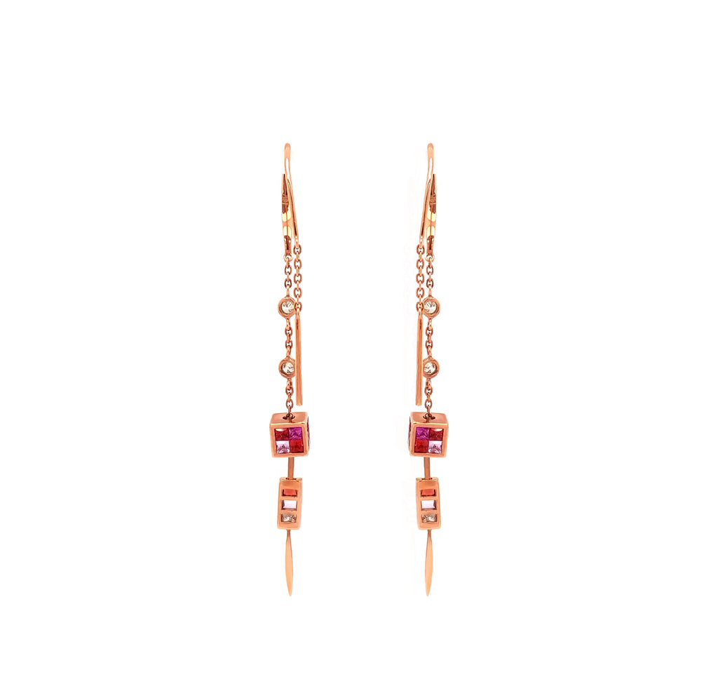rubic cube princess cut pink sapphire, ruby, and diamond drop earrings 14k rose gold