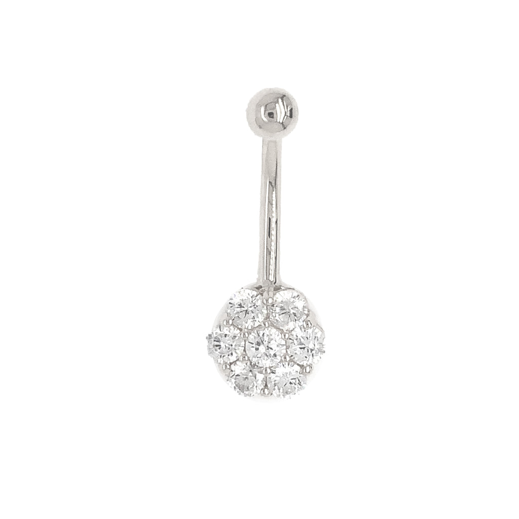 belly button ring in 14 kt white gold seven stone cubic zirconia cluster barbell piercing