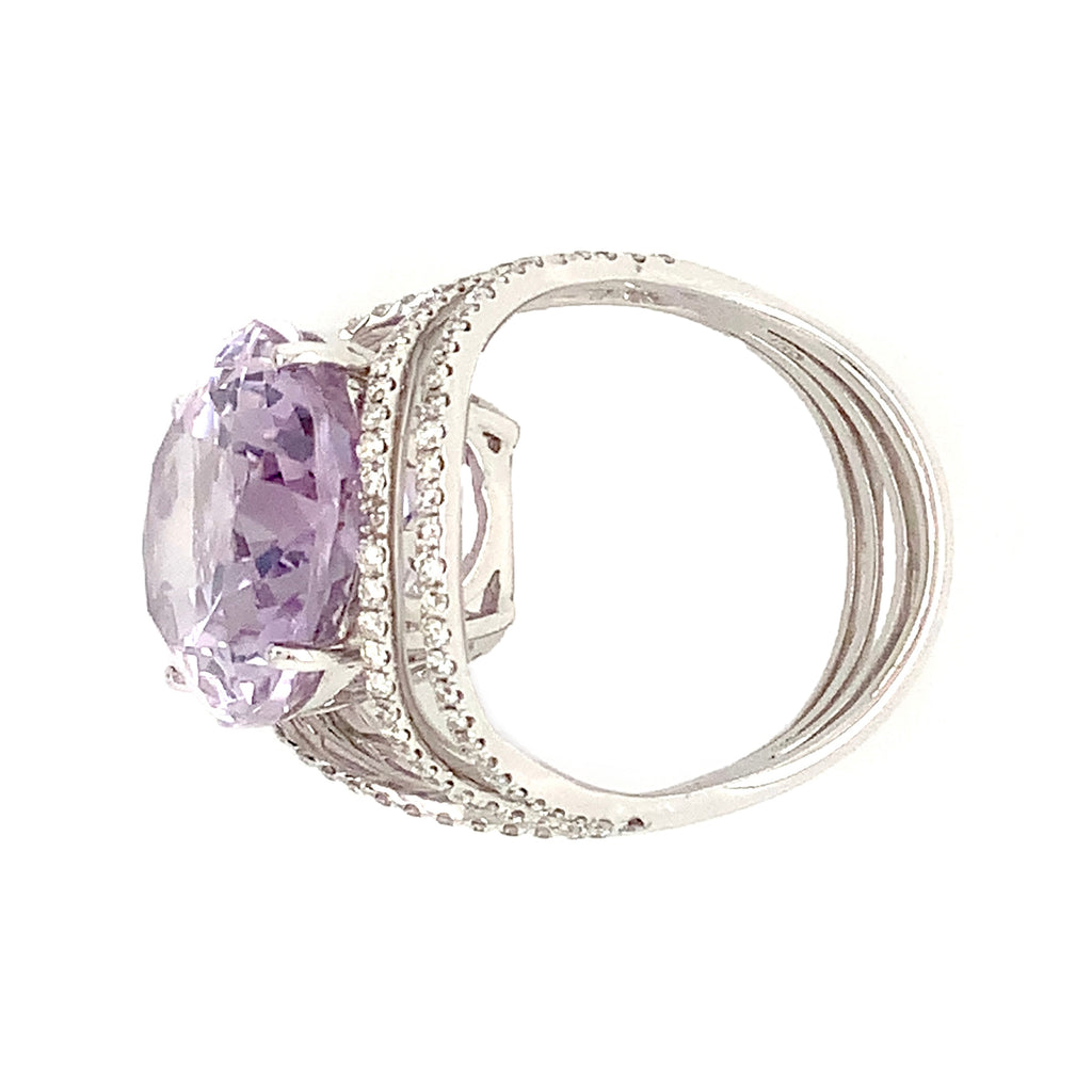 lavender amethyst and diamond ring in 18 kt white gold.