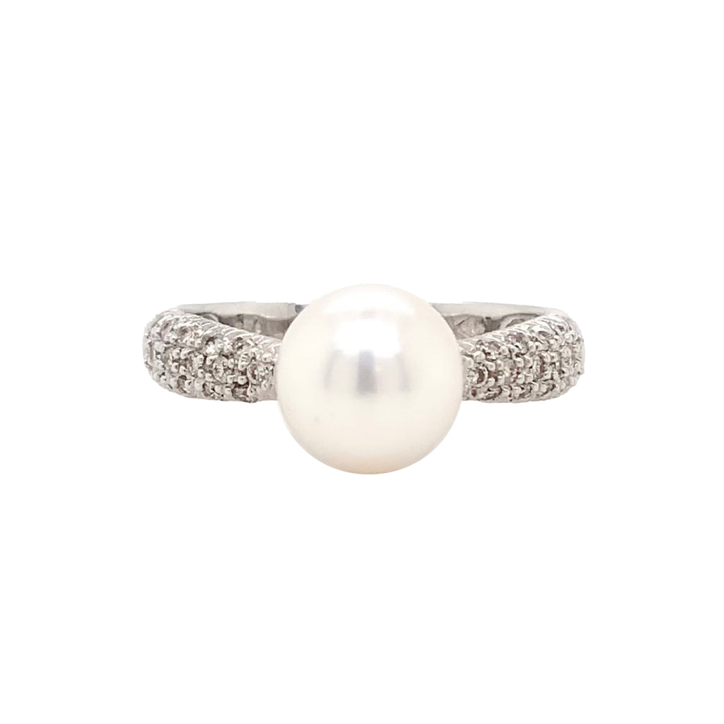 cultured akoya pearl and paved diamond ring in 14kt white gold