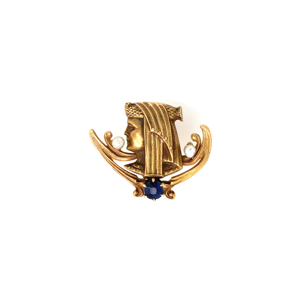 antique nefertiti egyptian motif pin with blue sapphire and seed pearl brooch pin in 14 kt yellow gold