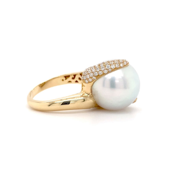 asba collection white cultured south sea pearl bypass ring with diamonds in 18k yellow gold