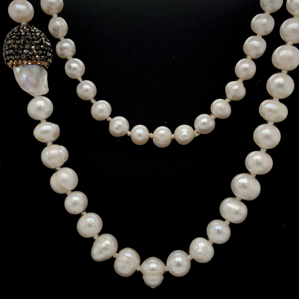 white cultured freshwater pearl necklace with black diamonds paved bead sterling silver