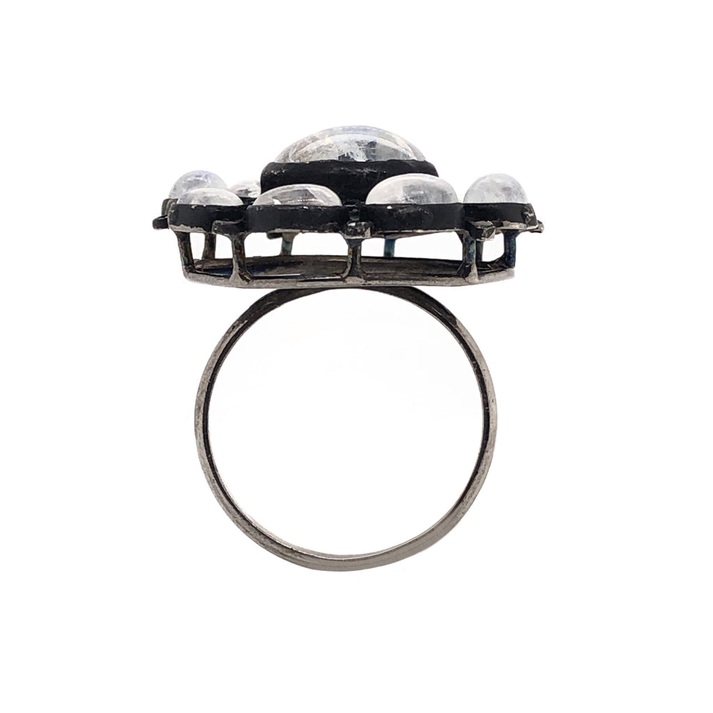 cabochon moonstones with halo bezel set diamonds oxidized silver ring