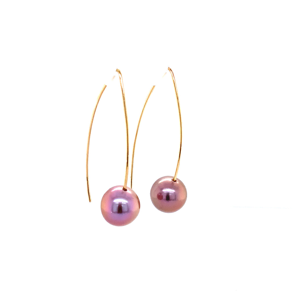 freshwater cultured pearl earrings bronze purple in color on handmade wire drop earrings in 14k yellow gold
