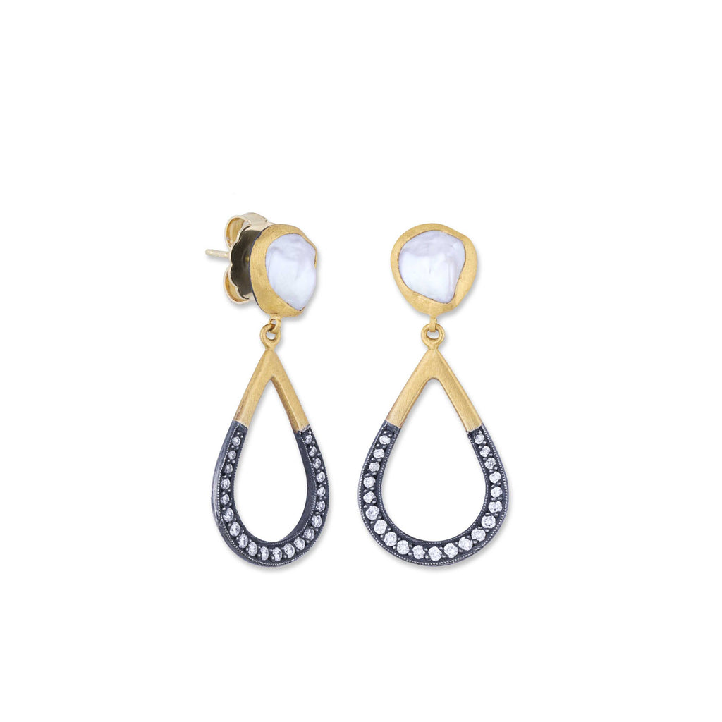 lika behar pearlita keshi pearl and diamond drop earrings 24k gold and oxidized silver