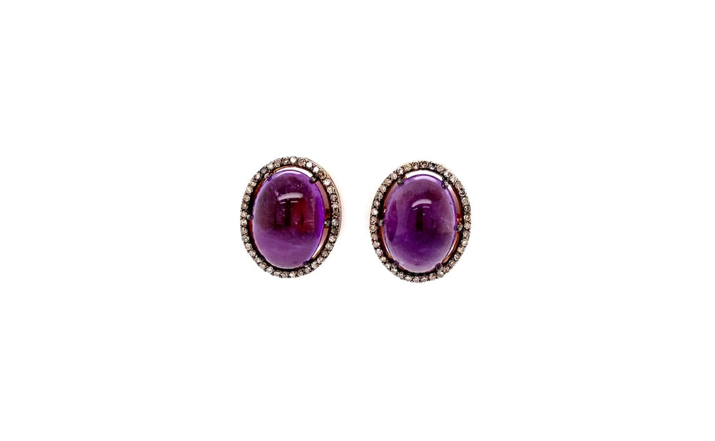oval cabochon amethyst and diamond earring in oxidized sterling silver