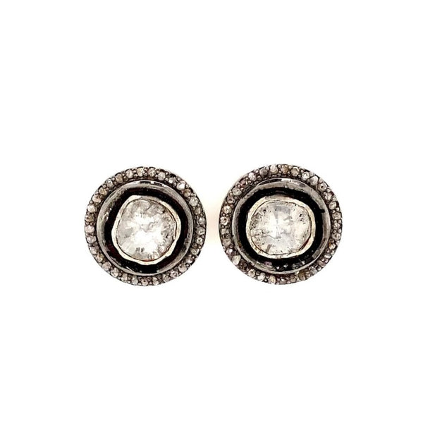 polki diamond studs halo style earrings in 24k vermeil oxidized  sterling silver