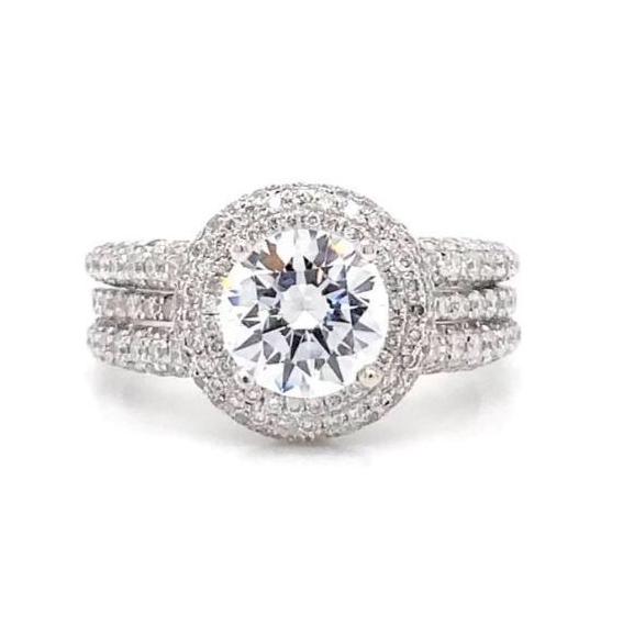 ASBA Collection Pavé Diamond Triple Shank Halo Semi Mounting Engagement Ring 14K White Gold 1.69 ctw