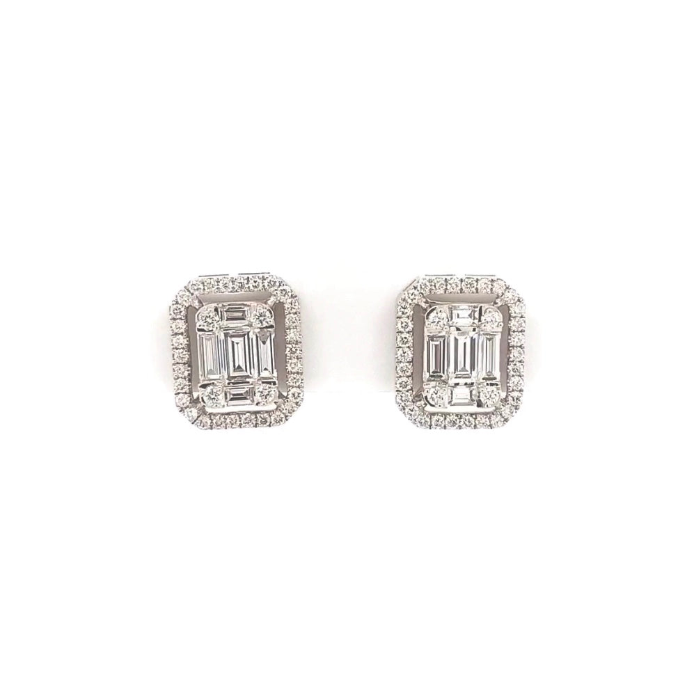 radiant shaped diamond post earrings in 18 kt white gold.
