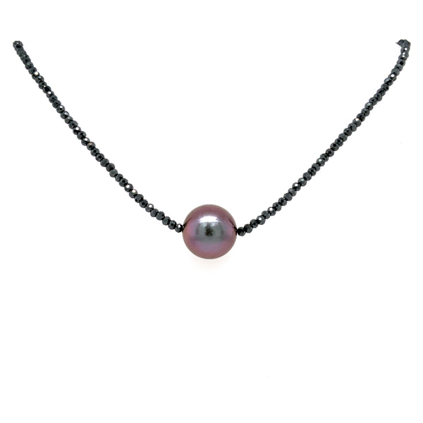 cultured tahitian black pearl and black spinel beads 34 inch necklace.