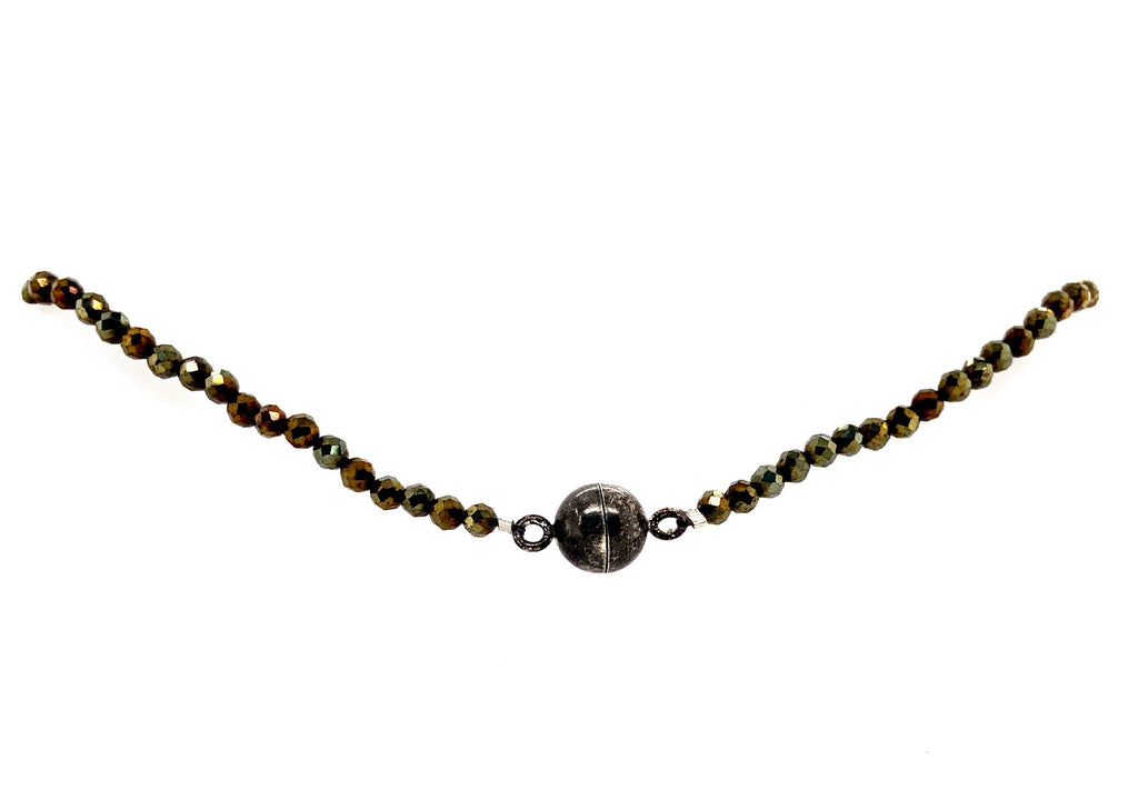 culturedtahitian black pearl and faceted pyrite bead 26 inch necklace sterling silver clasp.
