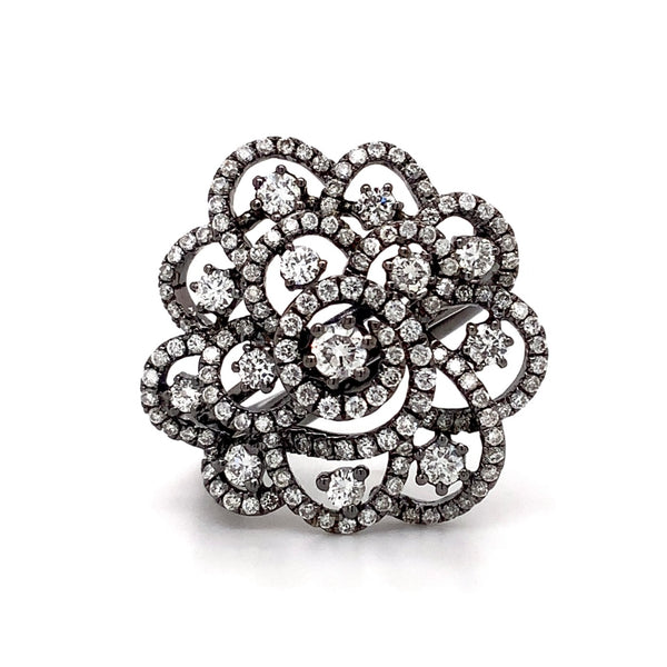 floral diamond cocktail ring in 14 kt white gold with black rhodium finish.