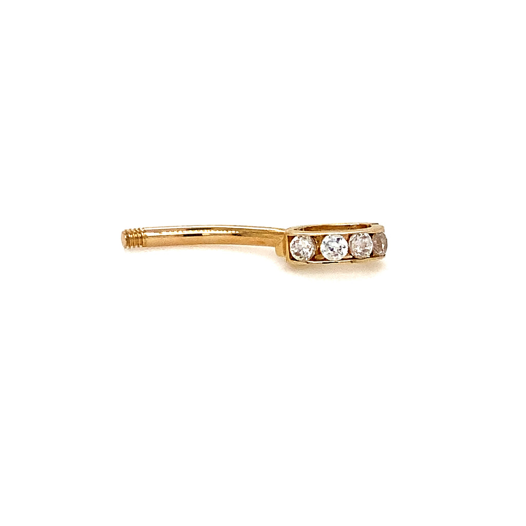 belly button charm holder in 14 kt yellow gold and cubic zirconia pierced bar bell design.