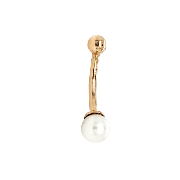 belly button ring 14 kt yellow gold and cultured pearl piercing is a simple barbell design.