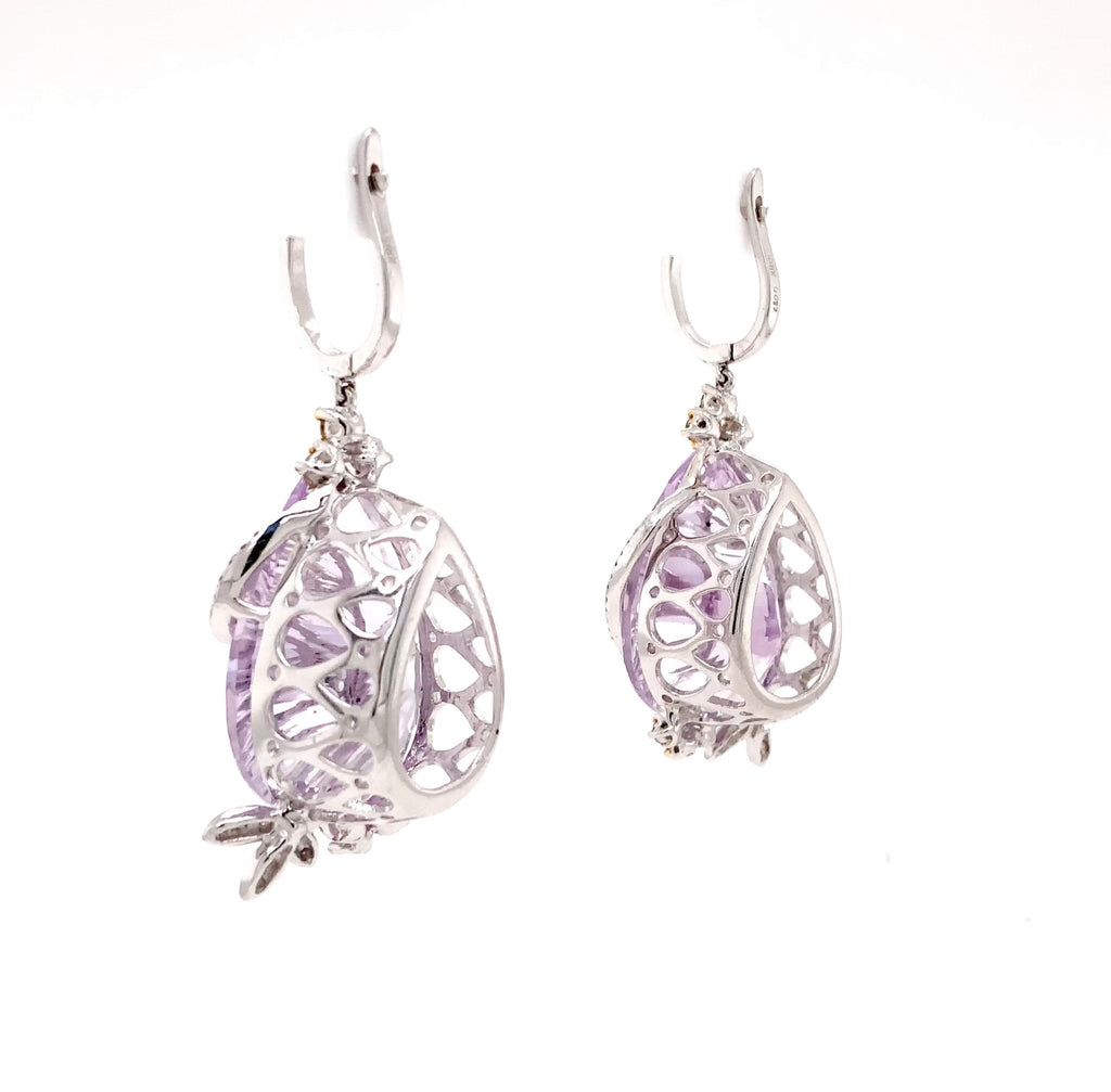 lavender amethyst and butterfly diamond drop earrings set in an 18kt white gold.