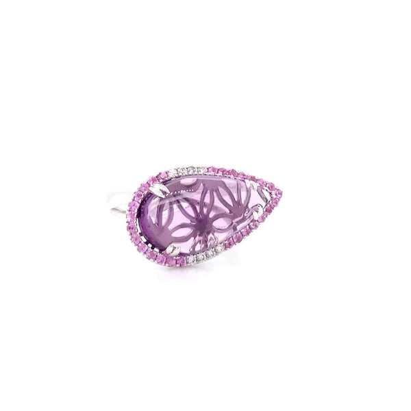 pear shaped cabochon amethyst, pink sapphire and diamond ring 14k white gold
