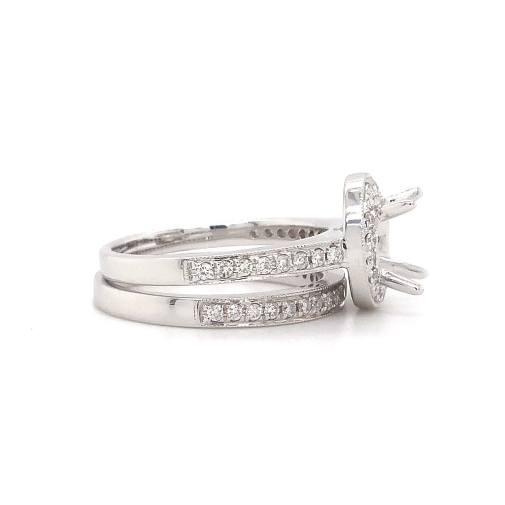diamond halo semi mounting wedding set with matching band 56 round brilliant diamonds equals .48 ctw 18k white gold