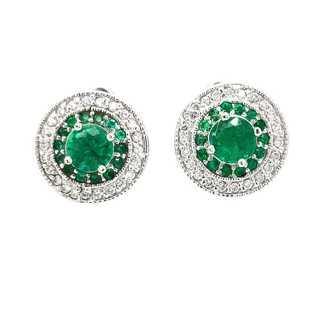 vintage inspired fine columbian emerald and diamond halo post earrings in 14 kt white gold