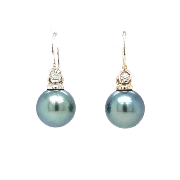 tahitian south sea pearl and diamond drop wire earring 14 kt white gold.
