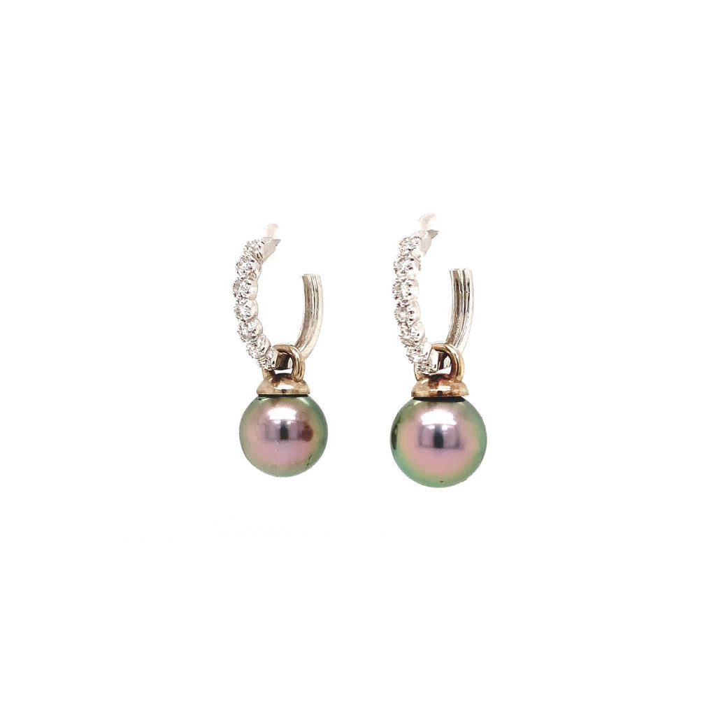 tahitian cultured aaa+ 9 mm pearl and diamond huggie drop earring 14k white gold