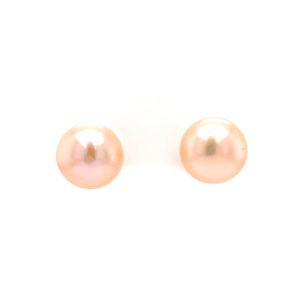 peach freshwater pearl stud earrings in 14k yellow gold