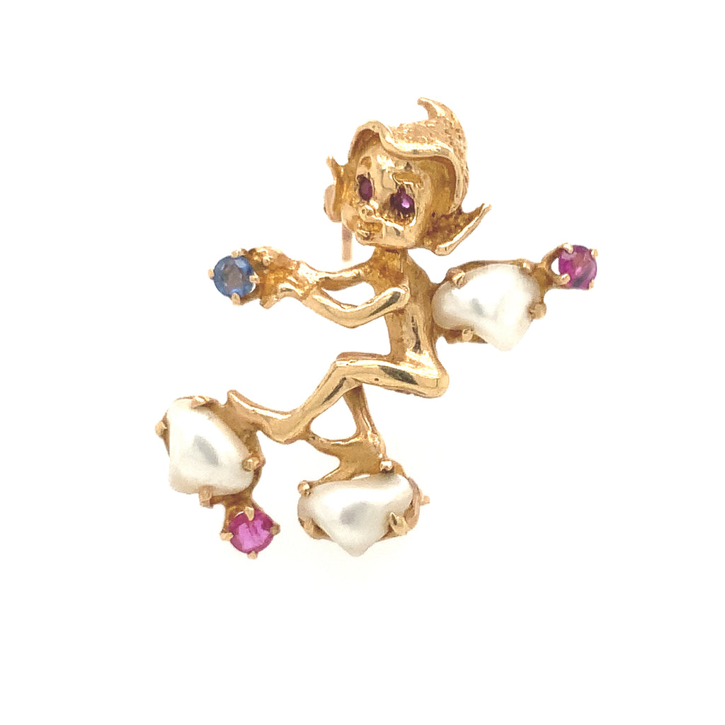 vintage pixey -fairy - leprechaun pin in 14 kt yellow gold with pearls, pink and blue sapphires