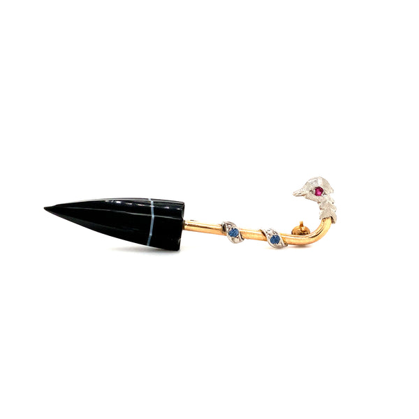 vintage bird 14k white and yellow gold agate umbrella brooch with diamonds and color stones