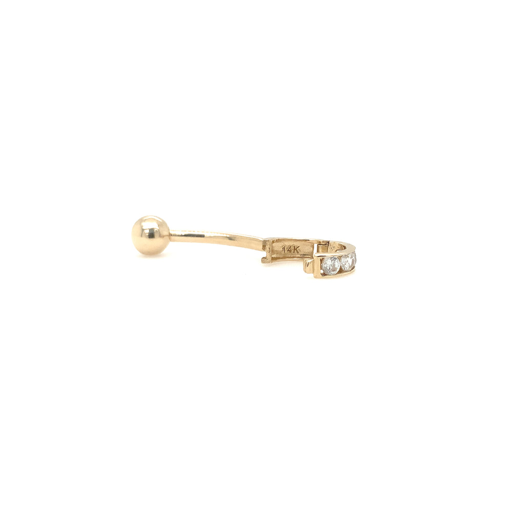 belly button charm holder in 14 kt yellow gold and cubic zirconia pierced bar bell design.