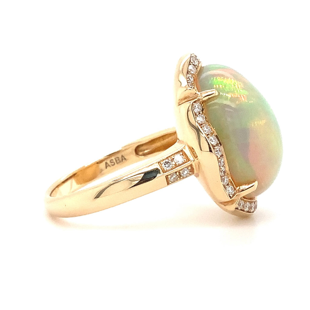 asba collection natural australian light opal diamond halo ring in 14k yellow gold