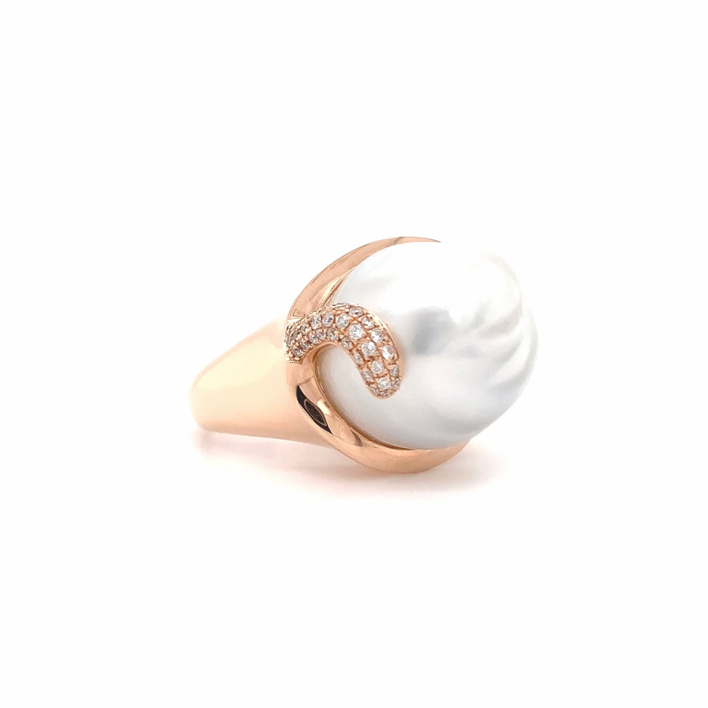 asba collection white cultured south sea baroque pearl ring with diamonds in 14k rose gold