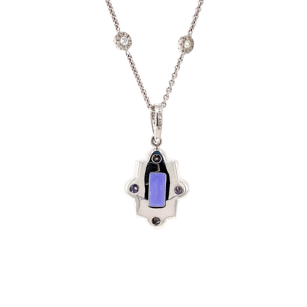 asba collection fine 3.50 cts blue tanzanite and diamond enhancer pendant in14 kt white gold