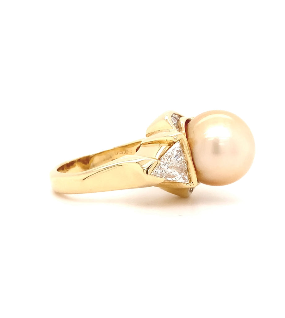 custom one of a kind golden yellow south sea pearl and trillion diamond ring 18k yellow gold