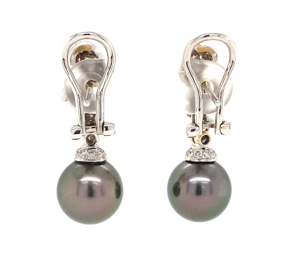 mastoloni cultured tahitian natural black peacock pearl and diamond drop 18 kt white gold earclips.