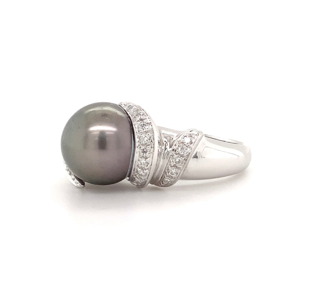 mastoloni cultured tahitian natural black pearl and diamond ring 18k white gold