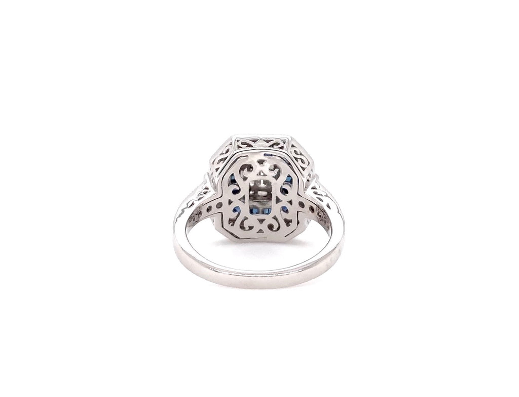 deco inspired 1.00 ct sapphire and 1/2 ct diamond ring 18k white gold