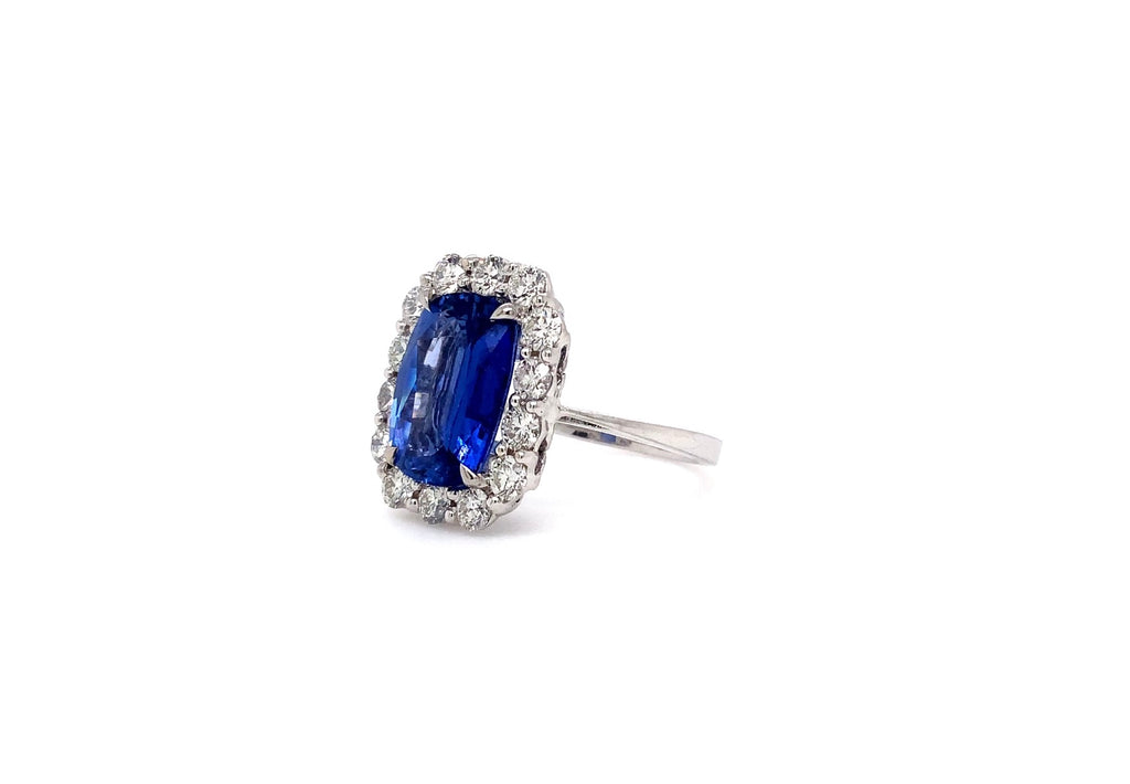 blue sapphire and diamond ring 5.30ct cornflower blue with diamond halo 1.13 ctw