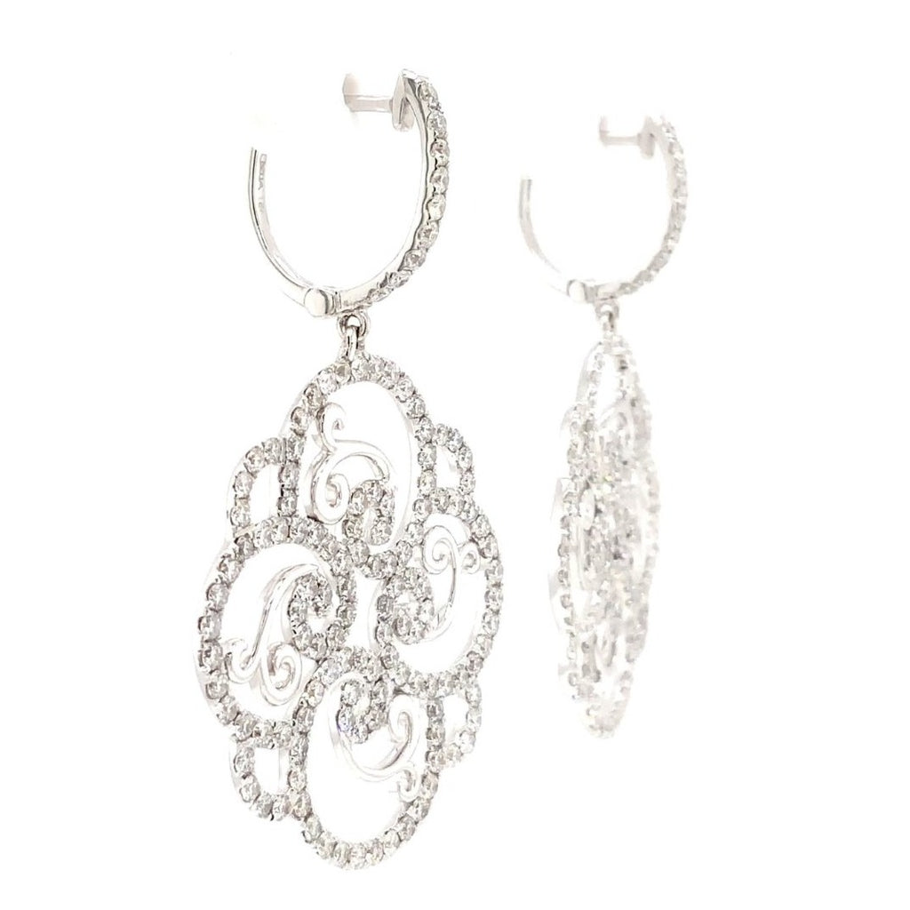 one of a kind pavée diamond filigree swirl drop earrings 18k white gold