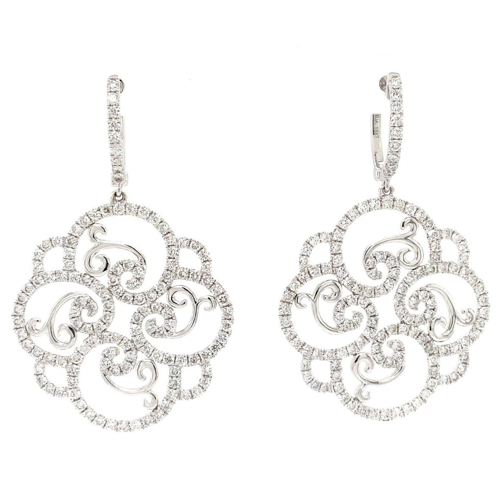 one of a kind pavée diamond filigree swirl drop earrings 18k white gold