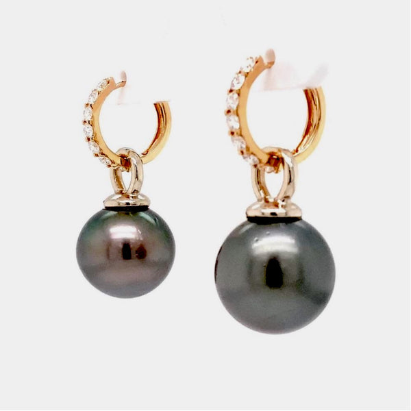 cultured large natural black south sea 15.5 mm pearl and diamond drop earrings 18k rose gold