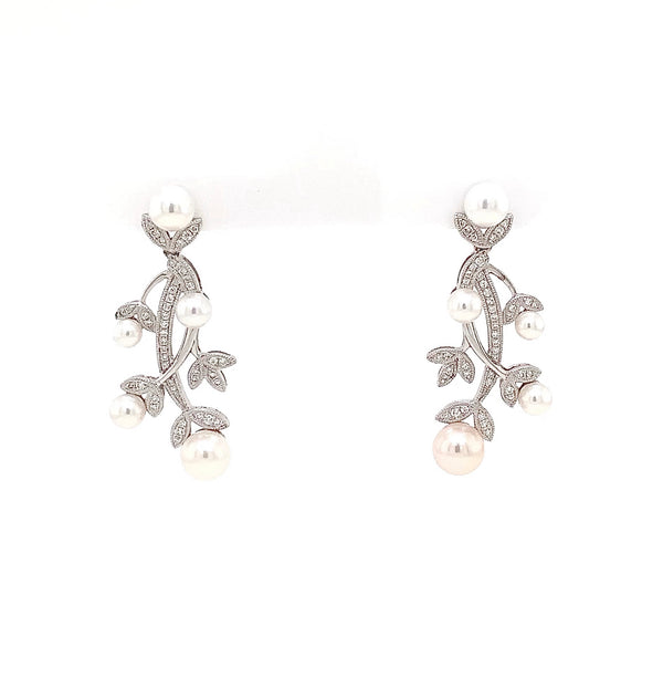 cultured pearls and diamond floral drop earrings 88 round brilliant diamonds 0.34 ctw 18k white gold