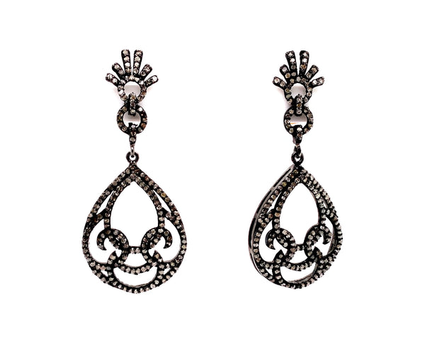oxidized silver diamond pear shaped floral drop earrings on post