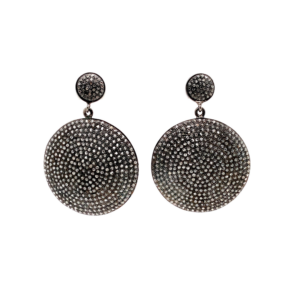 black diamond paved large round drop earrings in oxidized sterling silver 9 carats t.w.