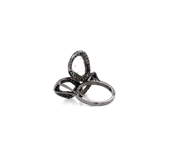 three stone polki diamond ring in oxidized sterling silver