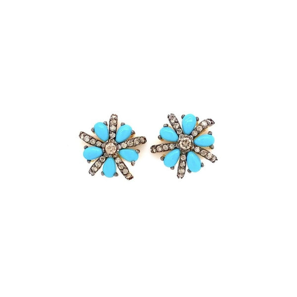 turquoise and diamond star burst design earring in oxidized sterling silver.
