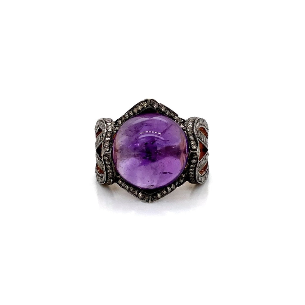 large round cabochon amethyst and diamond ring in oxidized sterling silver.