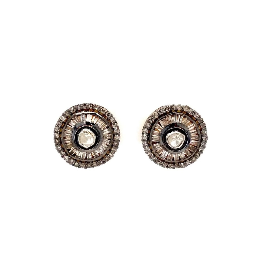 polki diamond double halo-style stud earrings in 24k vermeil oxidized silver diamond 1.00 cts tw