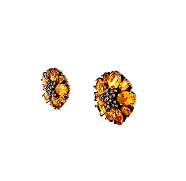 citrine and diamond flower design earring in oxidized sterling silver.